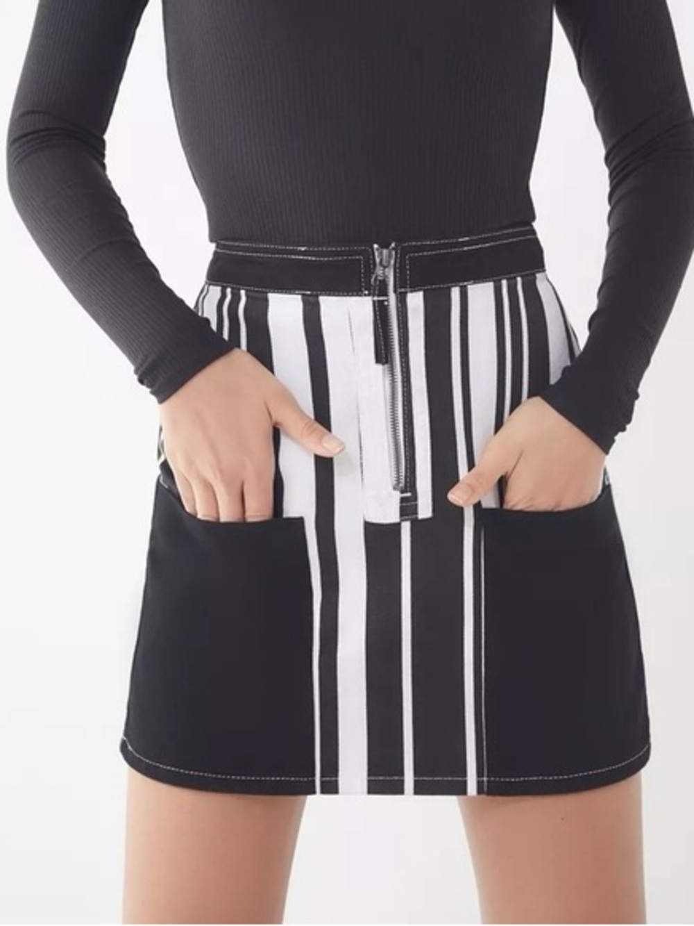 BDG Ruby Striped Zip Front Skirt - Black and White Size M
